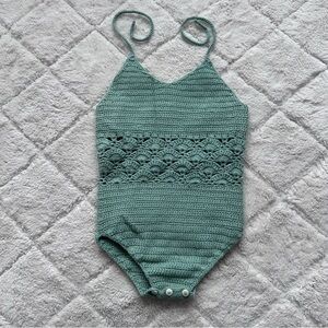 Kate Quinn | Green Organic Crochet Knit Halter Romper | Size 12-18 Months